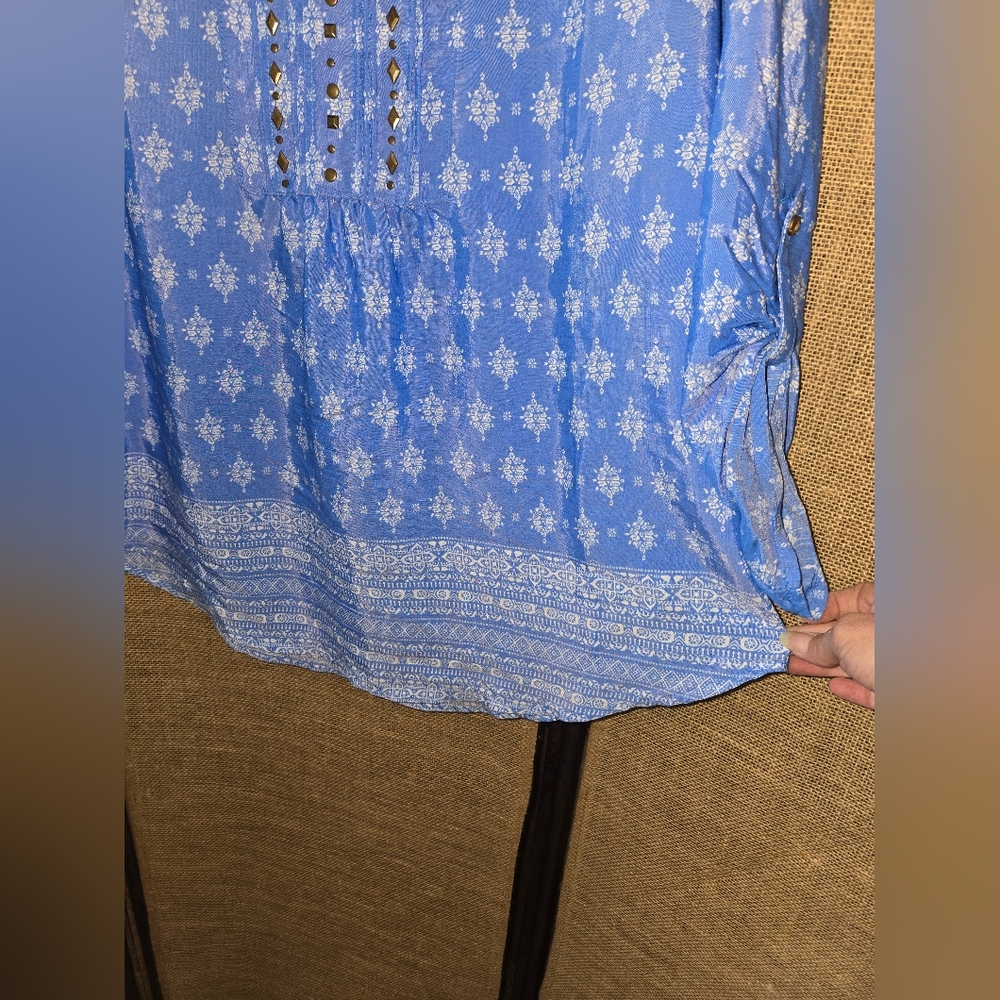NWOT Women's Kim Rogers Blue White 3/4 Sleeve Relaxed Blouse Size Petite Large - Picture 5 of 8